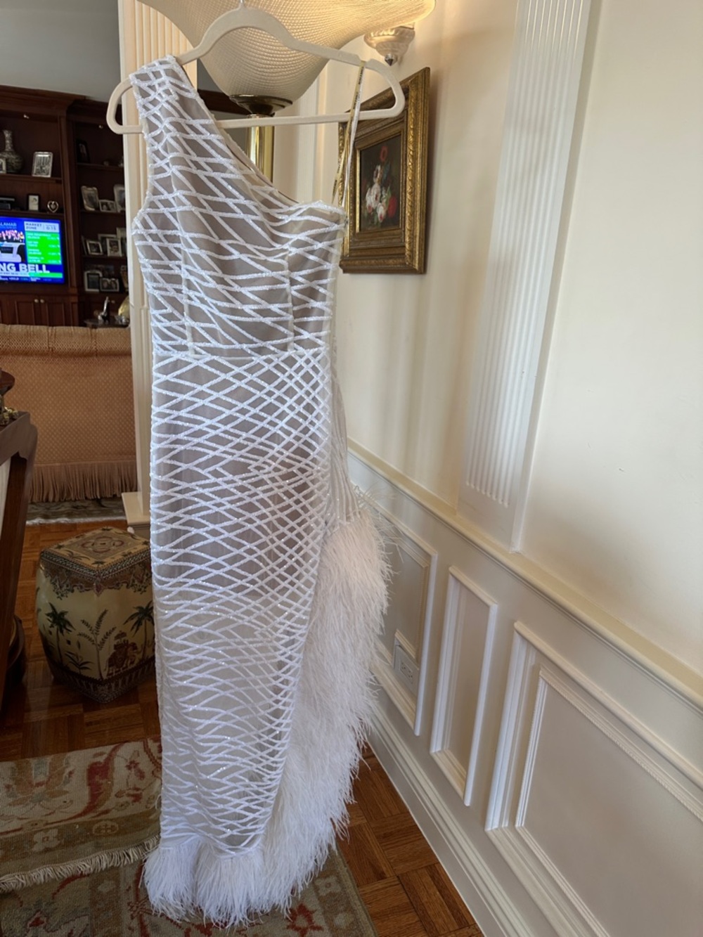 Bronx and Banco White One-Shoulder High-Low Feather Trim Dress - Picture 7 of 9